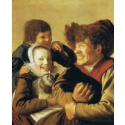 A Grinning Boy in a Fur Hat Holding a Dog, a Girl with a Cat and a Boy Gesturing