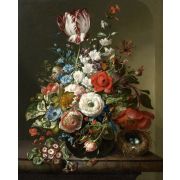 Vase of flowers on an entablature, nest and insects