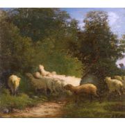 Sheep Grazing along a Hedgerow