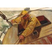 A Fisherman in Yellow Rainwear in His Boat