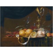 Still life with crabs, peaches, apricots, grapes and a partly peeled lemon, with glasses behind