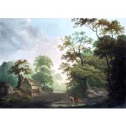 A Cottage in a Wooded Landscape with a Drover, His Cattle Watering in the Foreground
