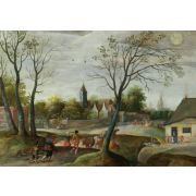 Spring landscape with Antwerp cathedral on the horizon and the sign of Zodiac