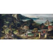 A panoramic landscape with the Parable of the Good Samaritan
