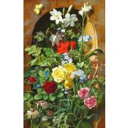 A flower still life in front of a niche. Roses, honeysuckles and phlox