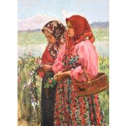 Two Girls Gathering Flowers