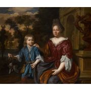 Portrait of an elegantly-dressed lady and her son in a landscape before a stone monument