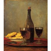 Still Life: Two Glass of Red Wine, a Bottle of Wine; a Corkscrew and a Plate of Biscuits on a Tray