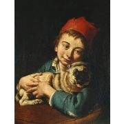 A Boy in a Blue Jacket and a Red Hat, Holding a Pug on a Cushion