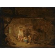 A Barn Interior with Three Children Playing with a Pig