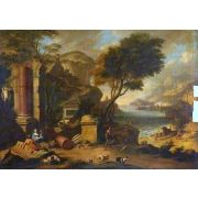 A Mountainous Coastal Landscape with Classical Ruins and Shepherds