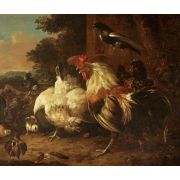 A Cock and Two Hens with Chicks in a Landscape Setting