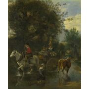 A Cowherd Passing a Horse and Cart in a Stream