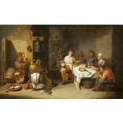 A Poor Company at Table in a Rustic Kitchen