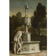 A Man Drying Himself Beside a Fountain