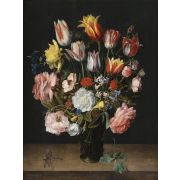 A still life of tulips, roses, bluebells, daffodils, a peony and other flowers in a glass roemer