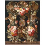 A flower garland around a stone cartouche with a coat-of-arms