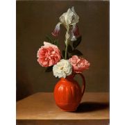 An Iris and Three Roses in an Earthenware Pot
