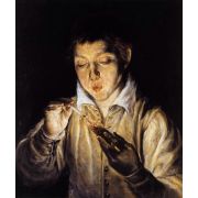 A Boy Blowing on an Ember to Light a Candle