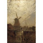 A figure crossing a bridge over a Dutch waterway by moonlight