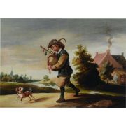 A boor playing a bagpipe in a landscape