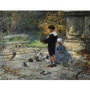 Children Feeding Pigeons in the Park