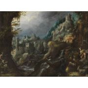 Mountain landscape with abundant river, classical ruins and herds