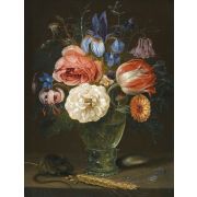 A still life of flowers in a roemer with a field mouse and an ear of wheat