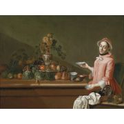 A lady at a table laden with food