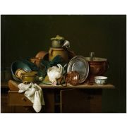 A kitchen still life with dishes, fruit and poultry
