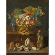 A Still Life of Fruit in a wicker Basket with a Snake preserved in a Jar, Shells and a Chestnut