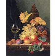 A Roemer, Grapes, Peaches, Plums, Raspberries and Walnuts on a Wooden Ledge