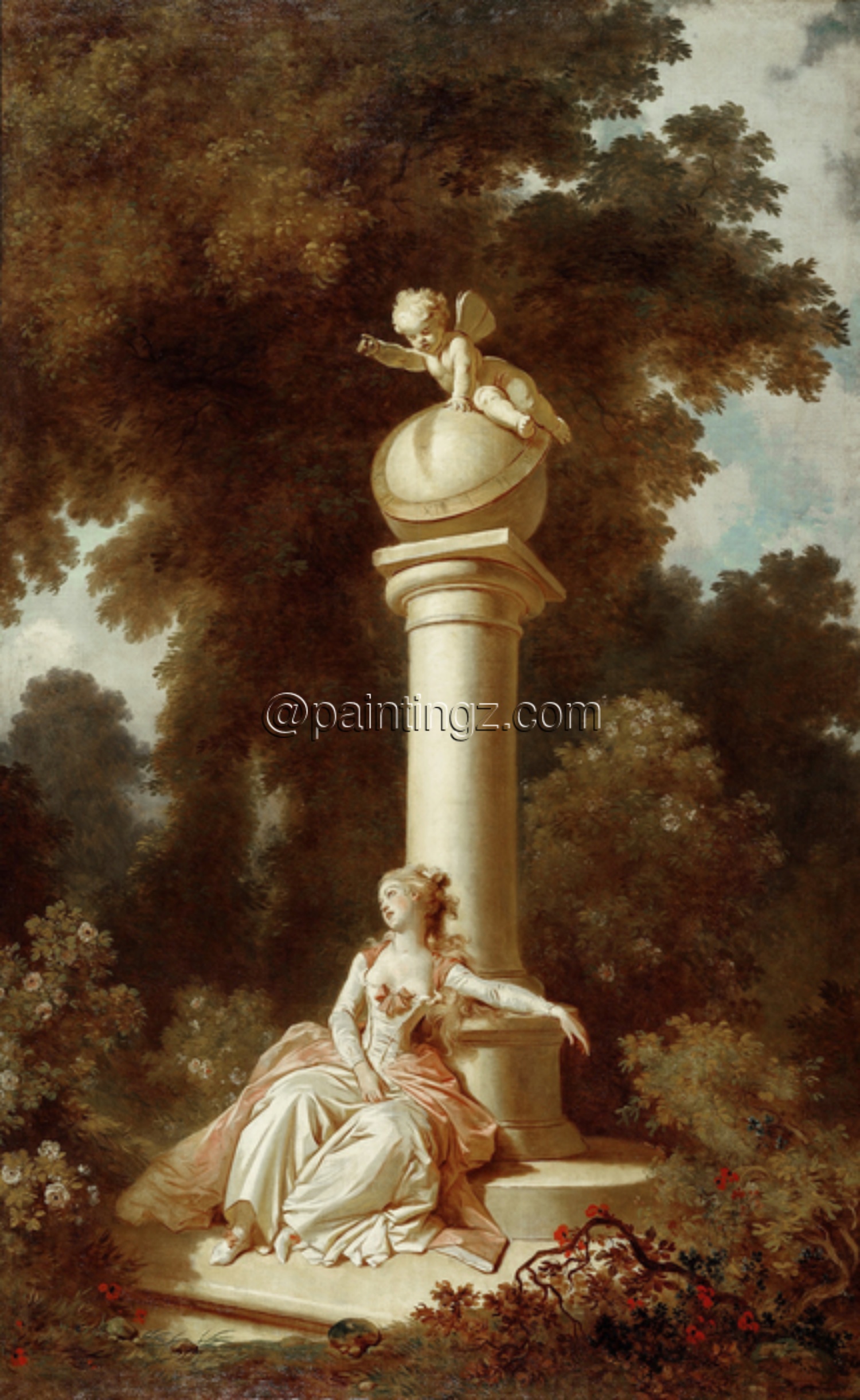 The original painting of "The Progress of Love: Reverie" by  Jean-Honoré Fragonard is long and narrow. 