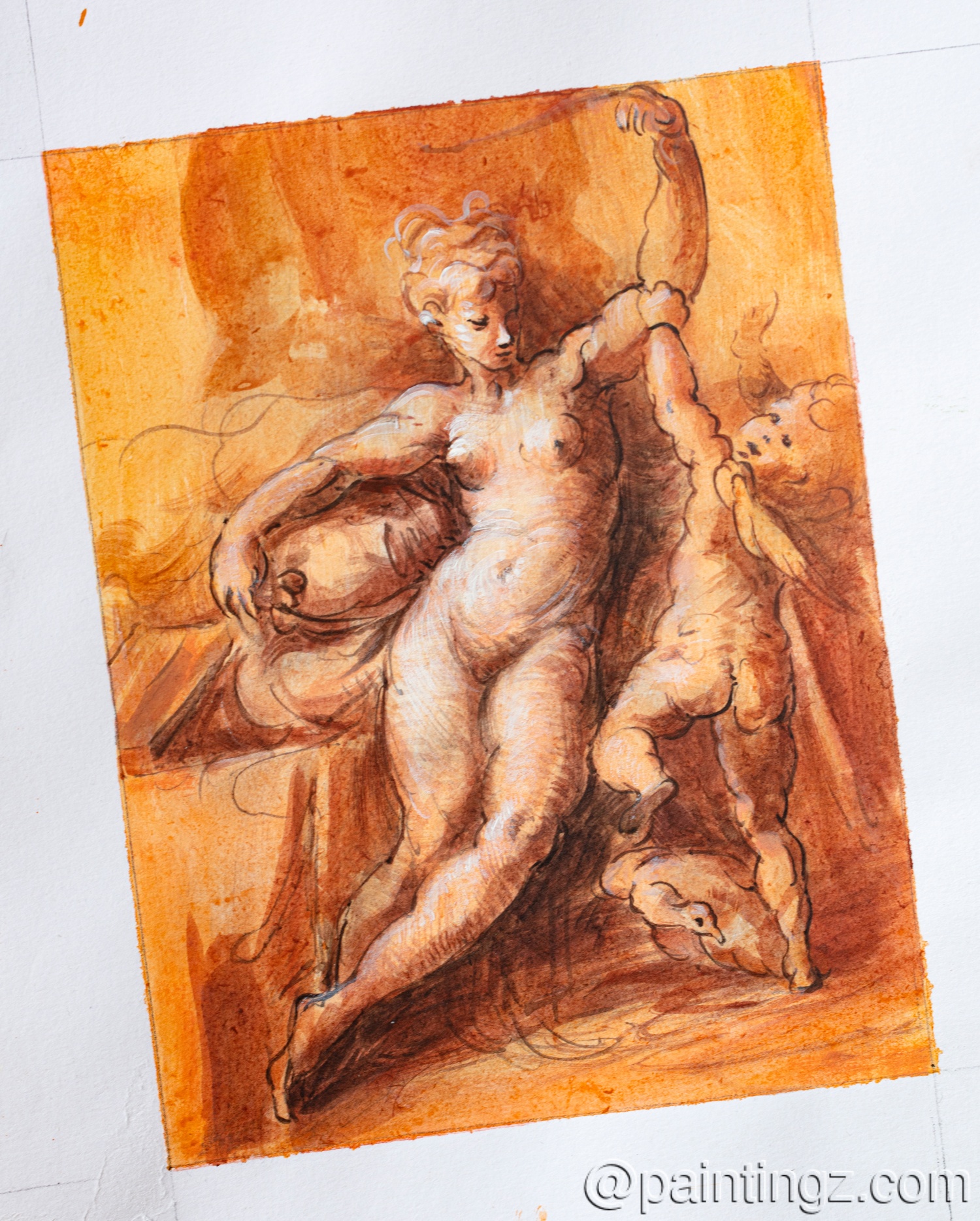 A Reproduction of Parmigianinoca's Venus Disarming Cupid, Brown Ink & Pencil on Paper