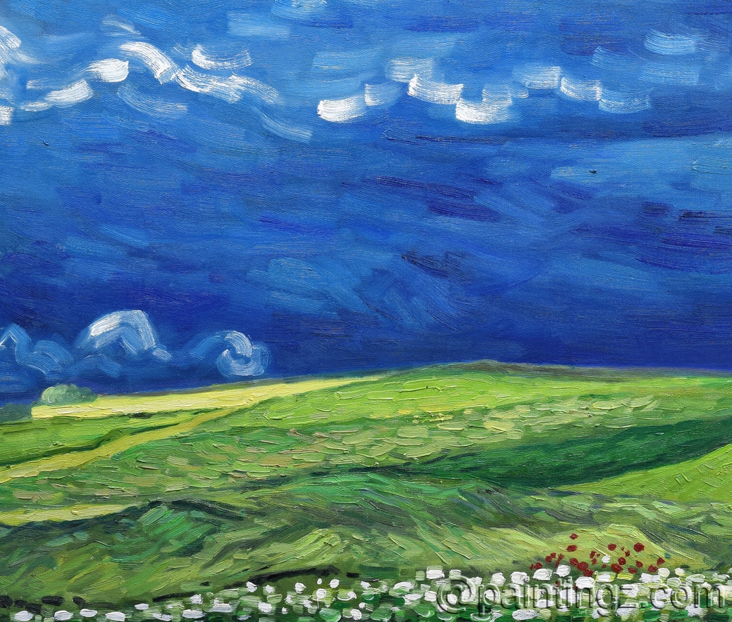 Close-up of Reproduction Painting of Wheatfields under Thunderclouds