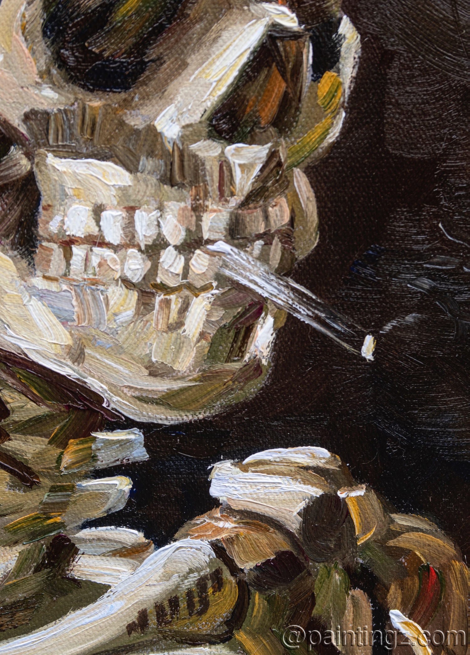 Details in the Reproduction Painting of Head of a Skeleton with a Burning Cigarette