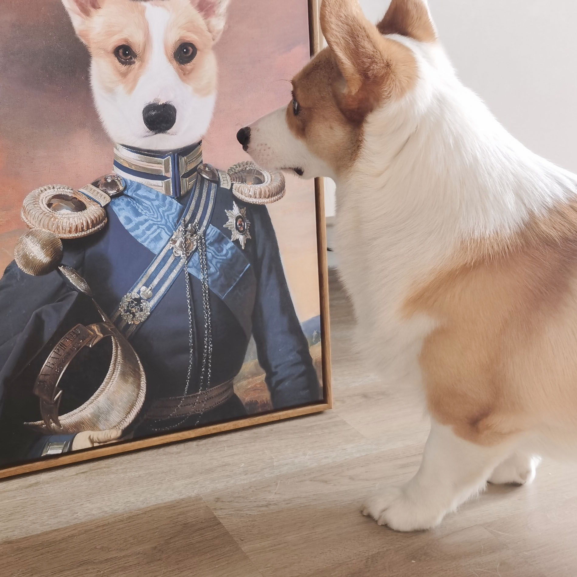 Corgi dog and his portrait in royal general costume